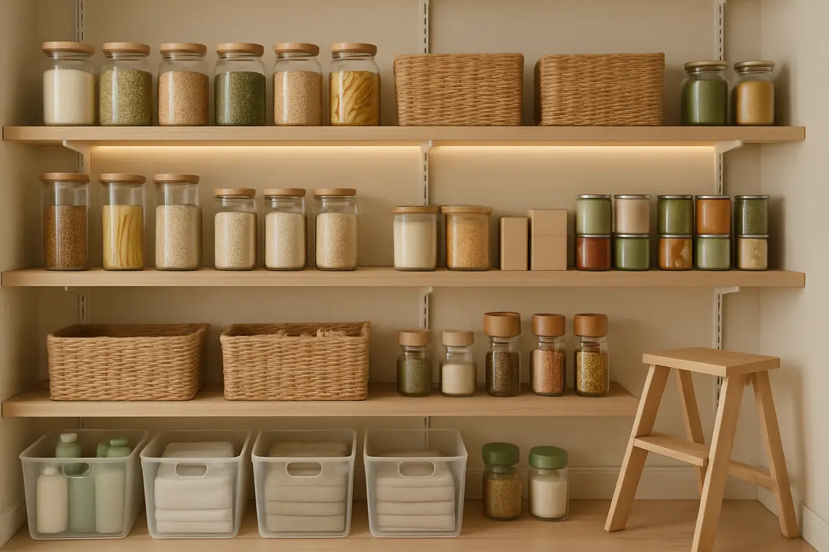 organizar despensa categorias pratico Despensa organizada com prateleiras brancas contendo potes transparentes e caixas agrupadas por categorias