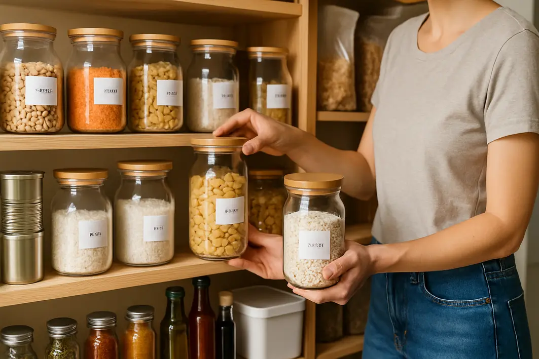 Pessoa organizando despensa com potes transparentes em prateleiras de madeira
