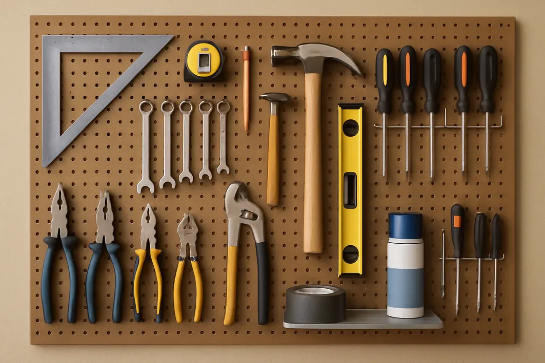 Bancada de trabalho doméstica com painéis compactos de madeira organizando ferramentas manuais enquanto mãos ajustam chave de fenda