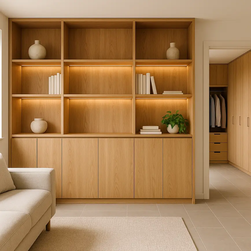 Sala ampla com painel de madeira sob medida com nichos iluminados e quarto ao fundo com roupeiro planejado