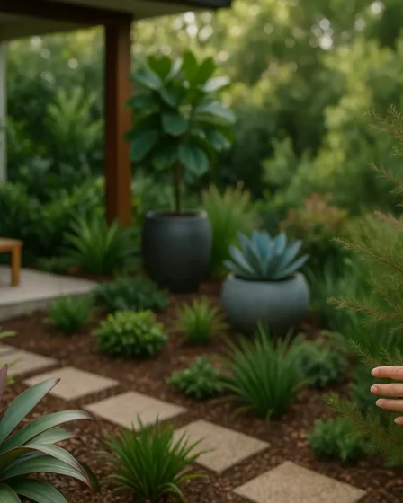 paisagismo plantas nativas jardim moderno Jardim externo sofisticado com paisagismo usando plantas nativas em vasos modernos