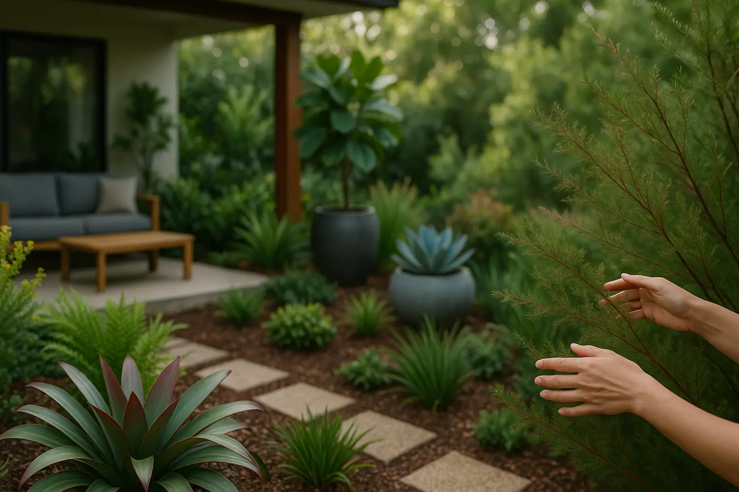 paisagismo plantas nativas jardim moderno Jardim externo sofisticado com paisagismo usando plantas nativas em vasos modernos