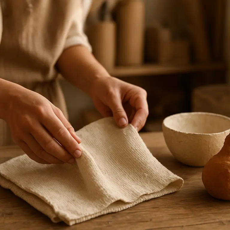 Mulher segurando pano biodegradável decor ao lado de peças artesanais de papel machê em mesa rústica