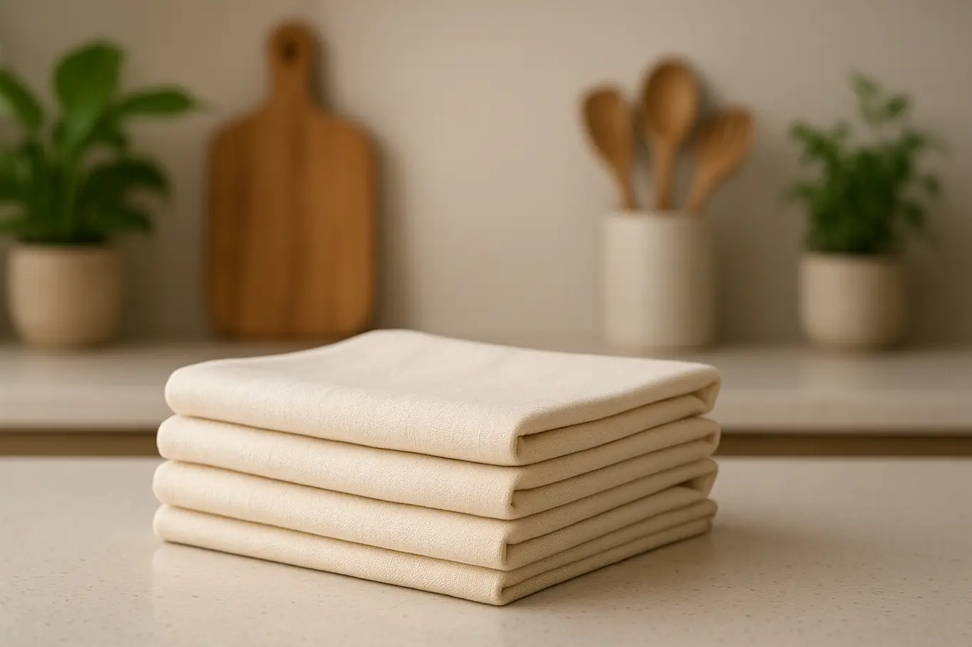 panos biodegradaveis cozinha decor Panos biodegradáveis dobrados em bancada de cozinha com plantas e utensílios de madeira