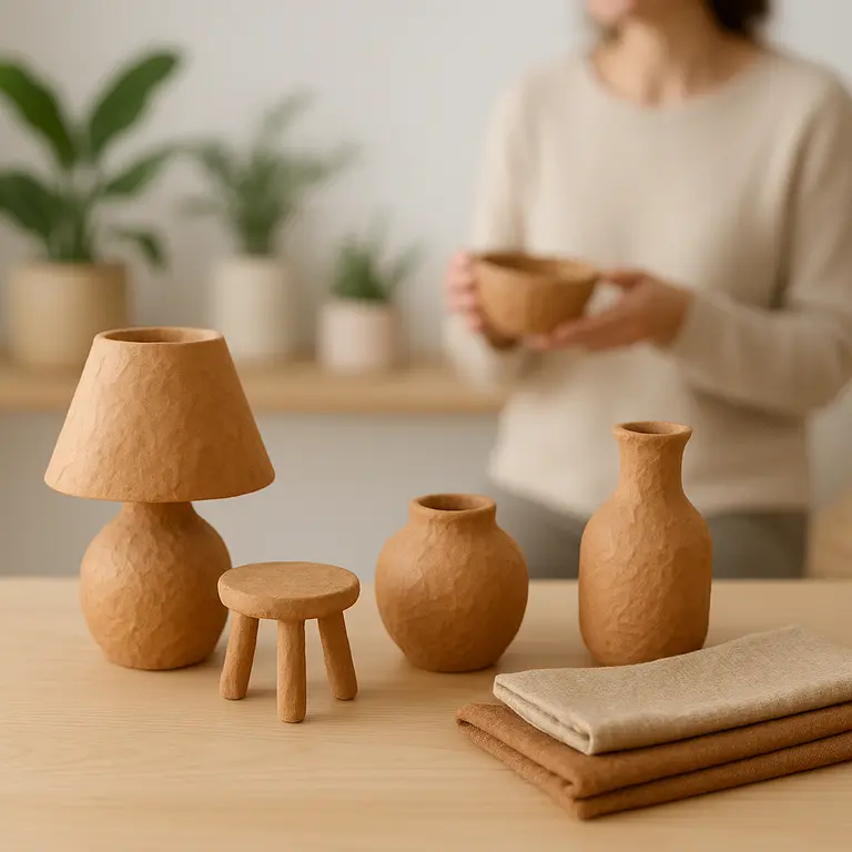 Mesa de madeira clara com peças artesanais de papel machê móveis pequenos luminárias vasos e panos biodegradáveis em tons neutros e terrosos