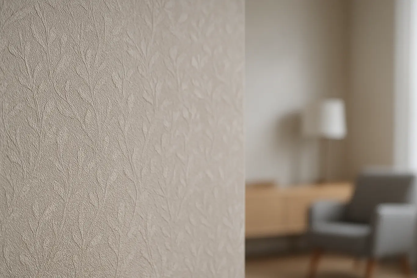 papel de parede textura ambiente elegante Parede interna com papel de parede texturizado em relevo e padrão moderno em tons neutros