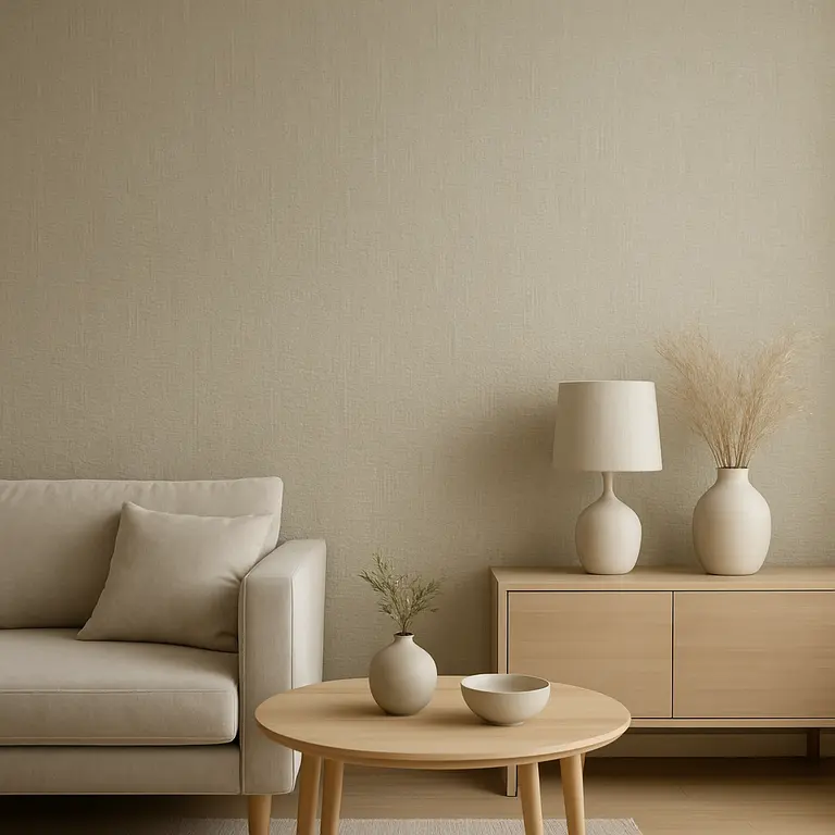 Parede interna decorada com papel de parede texturizado em relevo suave que simula tecido natural, ambiente doméstico acolhedor com móveis minimalistas em tons neutros