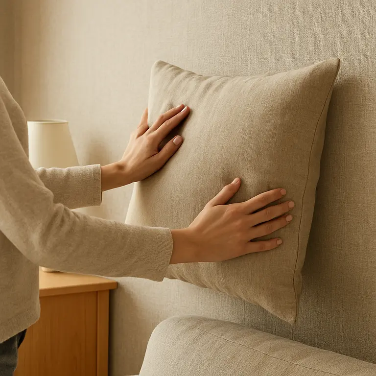 Pessoa ajustando almofada contra parede com papel de parede texturizado em tons neutros
