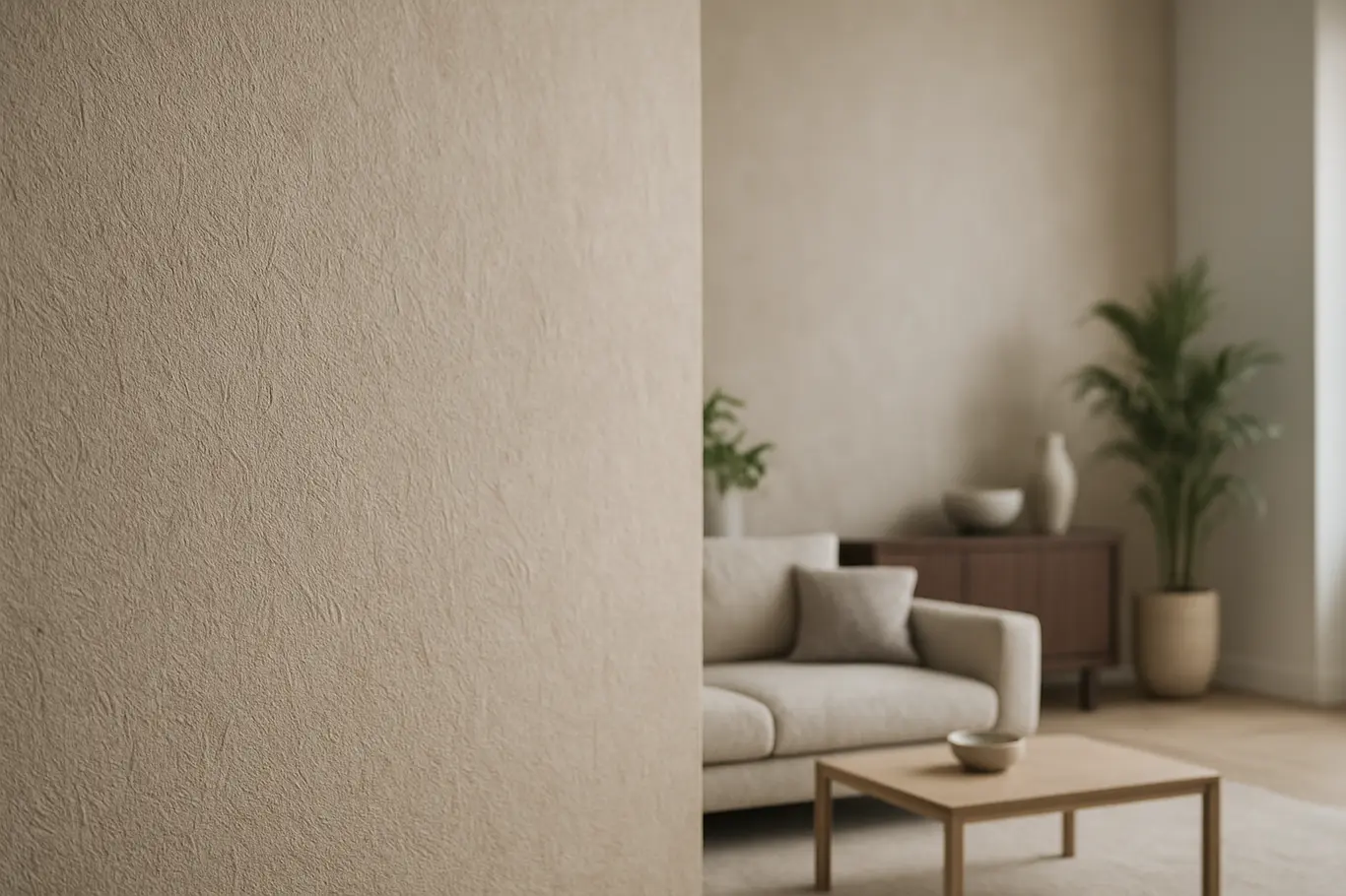 papel de parede texturizado sala moderna Parede com papel de parede texturizado em sala moderna com móveis minimalistas e plantas