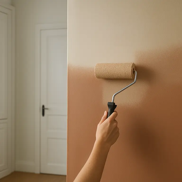 Mãos segurando rolo pintando parede com tons terrosos em degradê com textura delicada