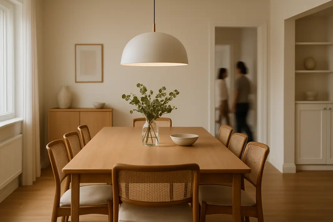 Sala de jantar ampla com pendente moderno equilibrado sobre mesa elegante em ambiente organizado
