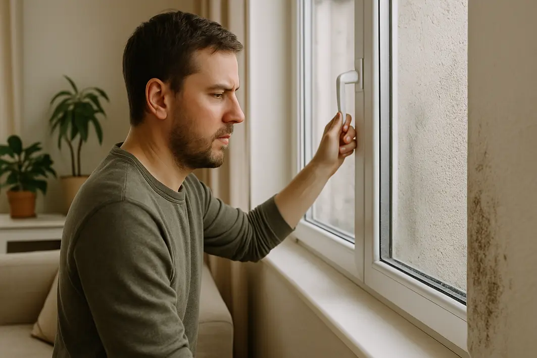 Pessoa abrindo parcialmente uma janela em sala com móveis claros e plantas, mostrando gotas de umidade na parede