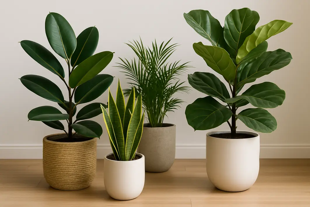 Pessoa ajustando delicadamente uma samambaia em vaso moderno de cerâmica branca sobre mesa de madeira clara na sala