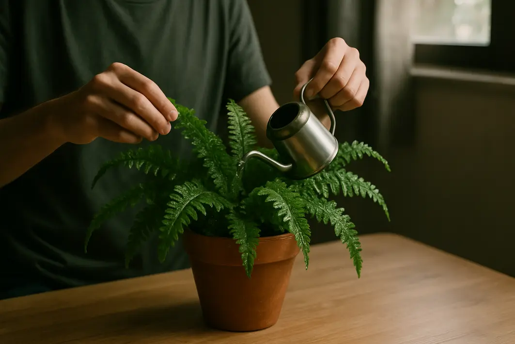 Pessoa ajustando rega de samambaia com regador pequeno em vaso de cerâmica sobre mesa de madeira clara em ambiente interno com pouca luz natural
