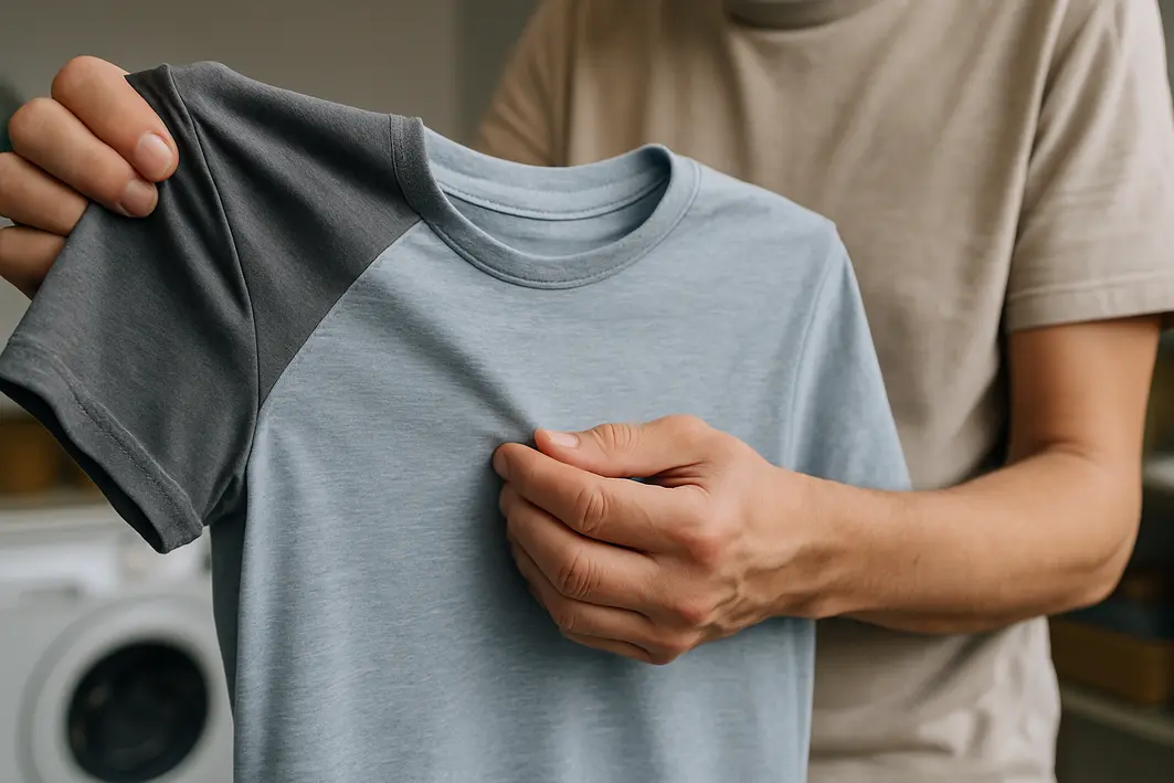 Pessoa segurando camiseta, examinando as axilas do tecido sintético e algodao em ambiente doméstico com lavanderia ao fundo