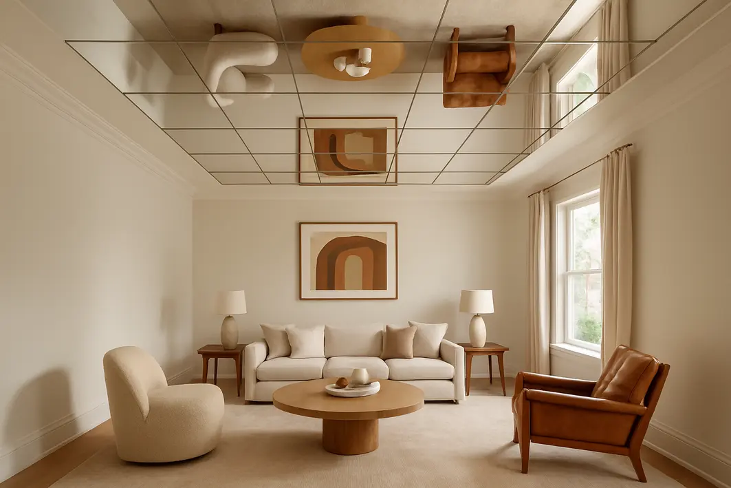 Pessoa limpando espelho instalado no teto de banheiro moderno com detalhes do reflexo do rosto e braços