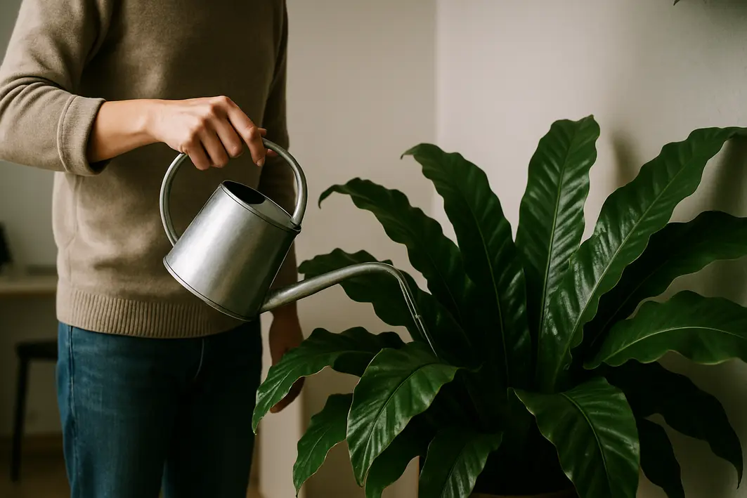Pessoa regando samambaia de folhas largas verde escuro em canto interno pouco iluminado de sala moderna