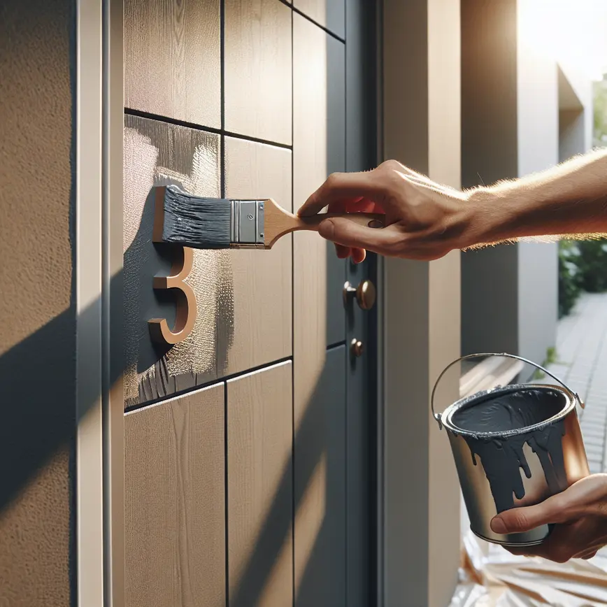 Mãos segurando pincel pintando porta de entrada de madeira na cor cinza grafite com número metálico moderno ao lado