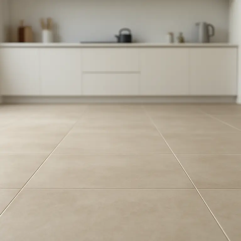 Piso de cerâmica em cozinha moderna com armários brancos