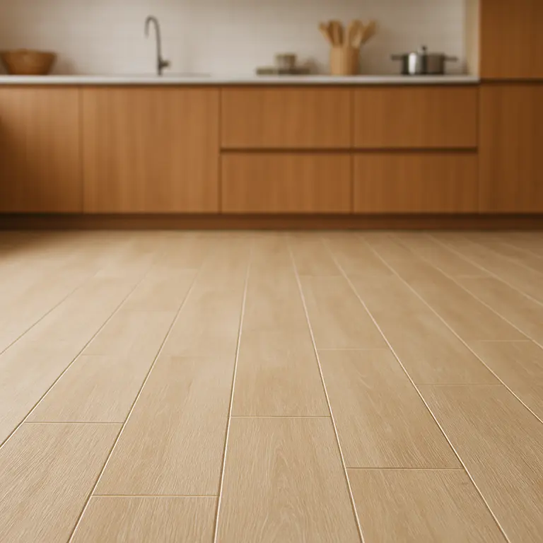 Piso de porcelanato claro imitando madeira com acabamento antiderrapante em cozinha moderna elegante