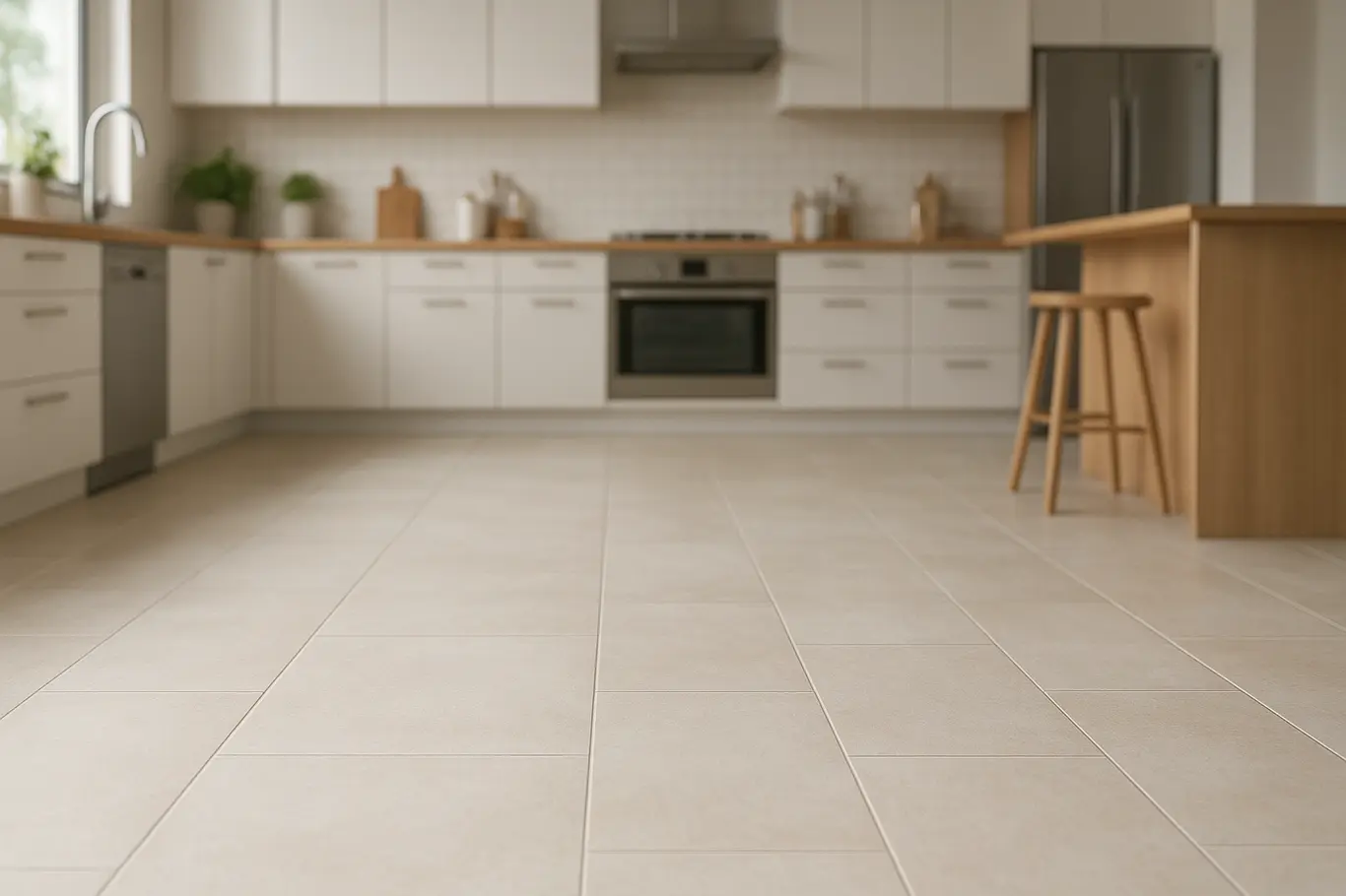 pisos para cozinha porcelanato claro Cozinha moderna ampla com piso em porcelanato claro e textura sutil