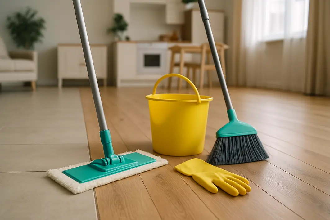 Ambiente doméstico com piso de porcelanato, madeira e rejunte, com utensílios de limpeza organizados sobre o chão