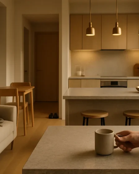 planta apartamento moderno ilha cozinha Apartamento moderno com cozinha integrada e ilha central, mão alcançando caneca sobre bancada de pedra com varanda ao fundo