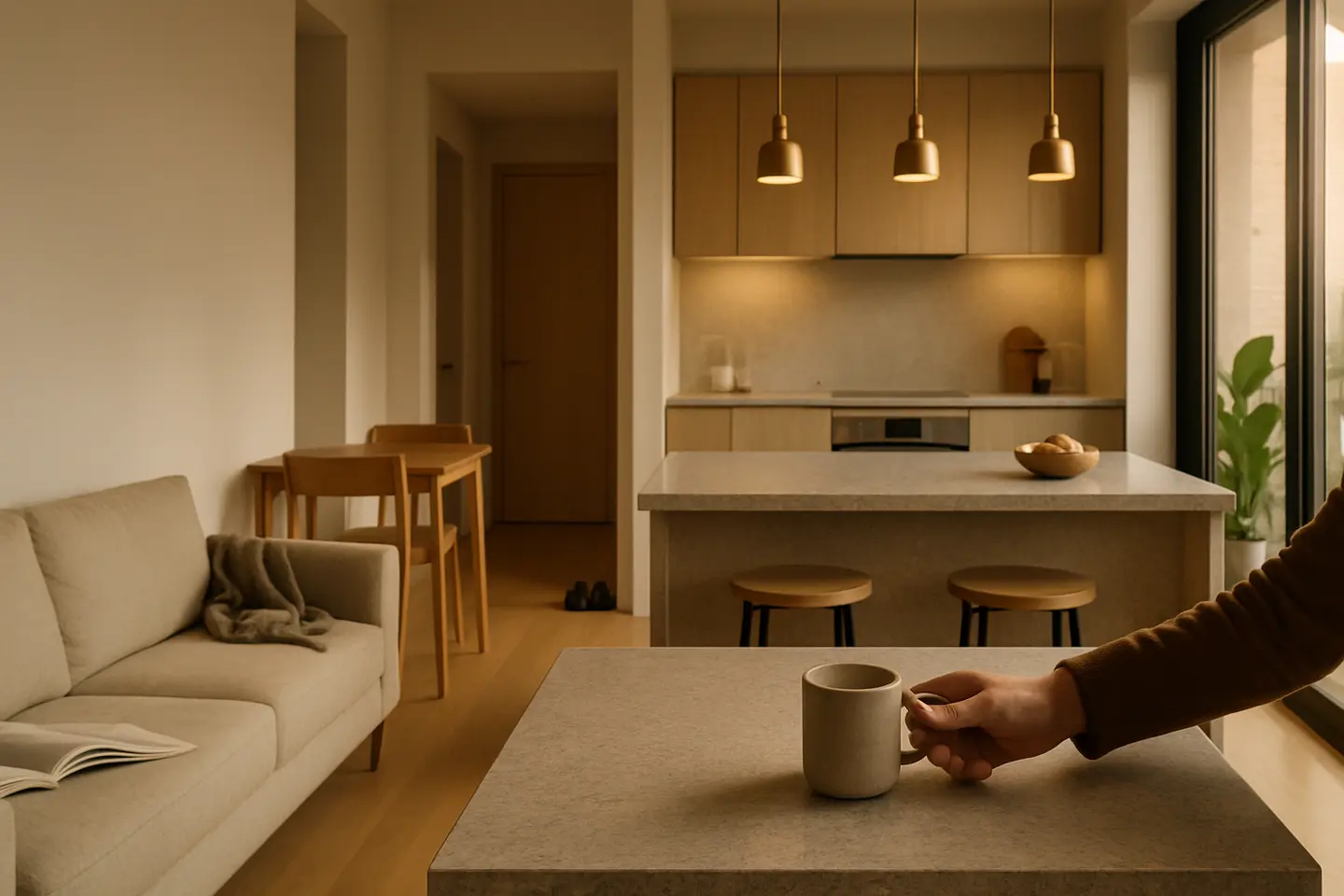 planta apartamento moderno ilha cozinha Apartamento moderno com cozinha integrada e ilha central, mão alcançando caneca sobre bancada de pedra com varanda ao fundo