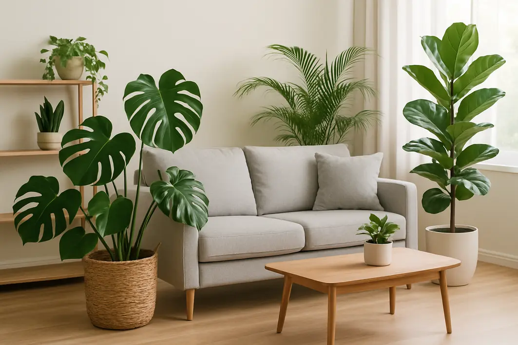 Pessoa ajustando planta discreta em vaso minimalista sobre mesa lateral em sala moderna