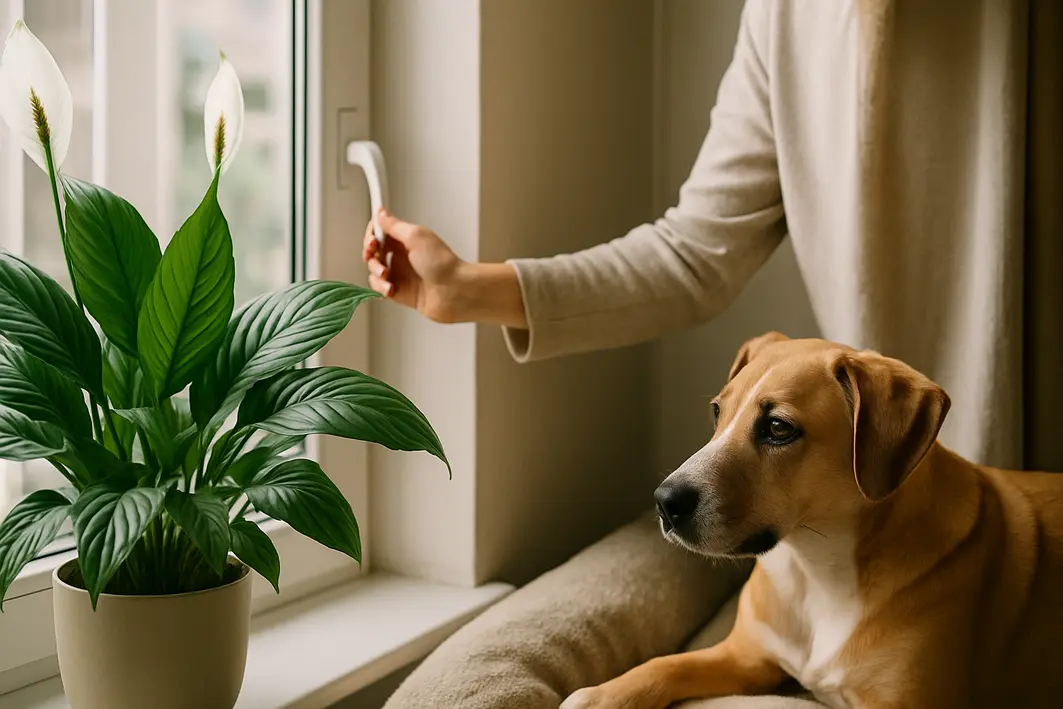 Pessoa abrindo janela próxima a vaso com lírio da paz e cão curioso ao lado em ambiente doméstico