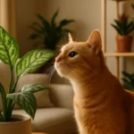 planta toxica pet sala moderna Gato curioso cheirando folha da planta Dieffenbachia em sala de estar moderna