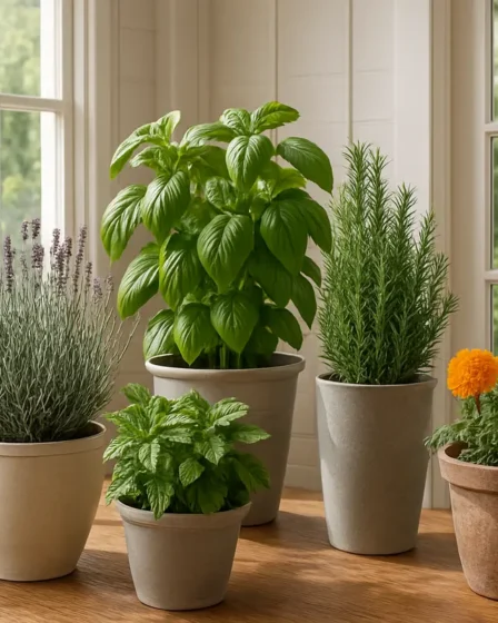 plantas afastam insetos varanda casa Varanda clara com vasos de citronela, lavanda, manjericão, hortelã, alecrim e cravo de defunto próximos a janelas