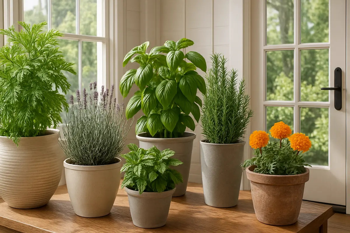 plantas afastam insetos varanda casa Varanda clara com vasos de citronela, lavanda, manjericão, hortelã, alecrim e cravo de defunto próximos a janelas