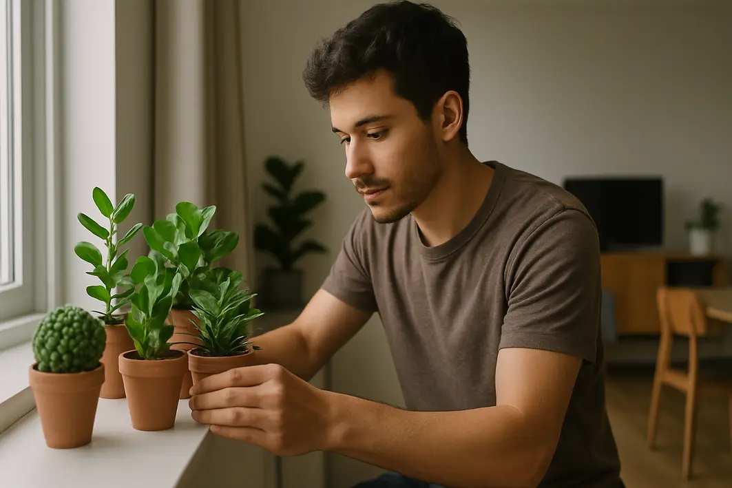 Jovem organizando plantas em vasos pequenos sobre prateleira estreita de apartamento moderno