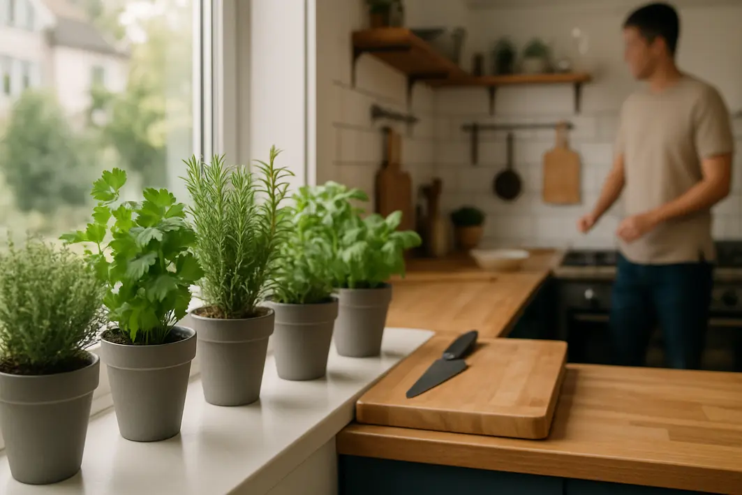 Cozinha com janela ampla e vasos organizados de plantas aromaticas no parapeito iluminados pela luz natural