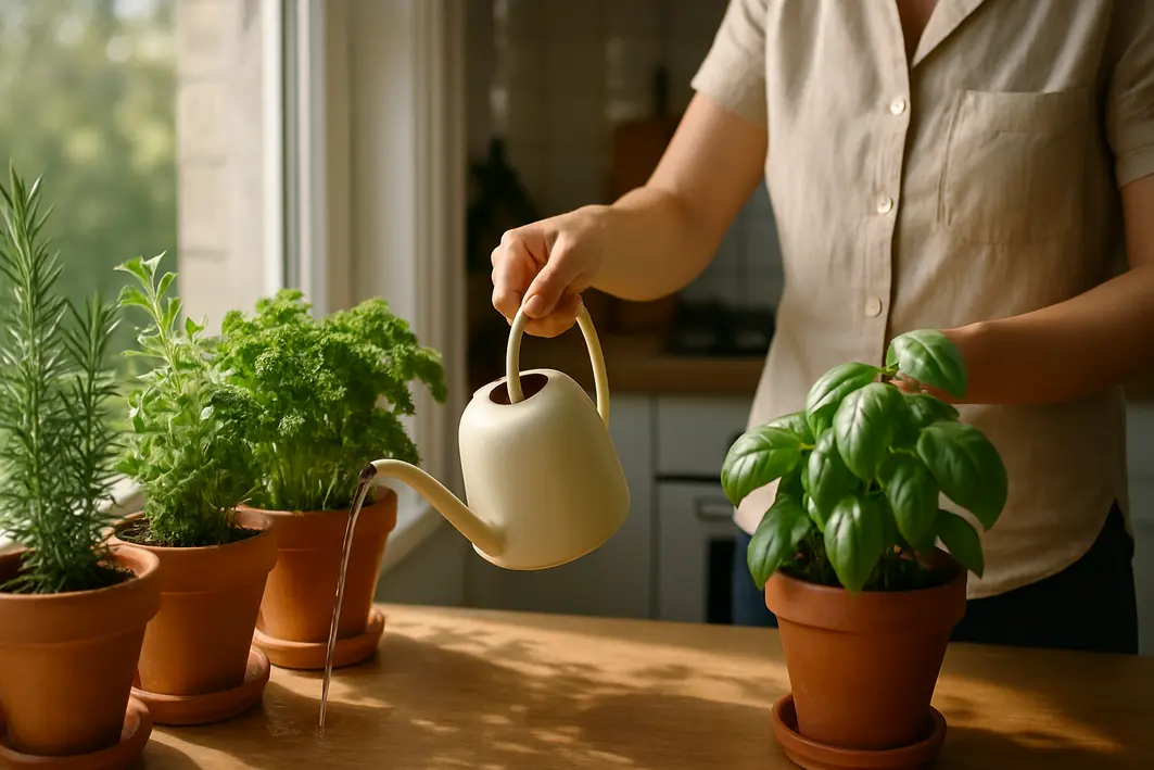 Pessoa regando vasos com plantas aromáticas verdes no peitoril de janela de cozinha