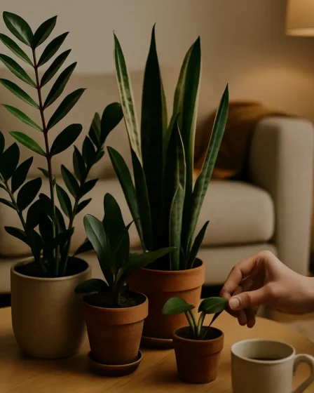 plantas baixa luminosidade sala estar Agrupamento de plantas de baixa luminosidade como Zamioculcas e Sansevieria sobre mesa baixa em sala de estar contemporânea
