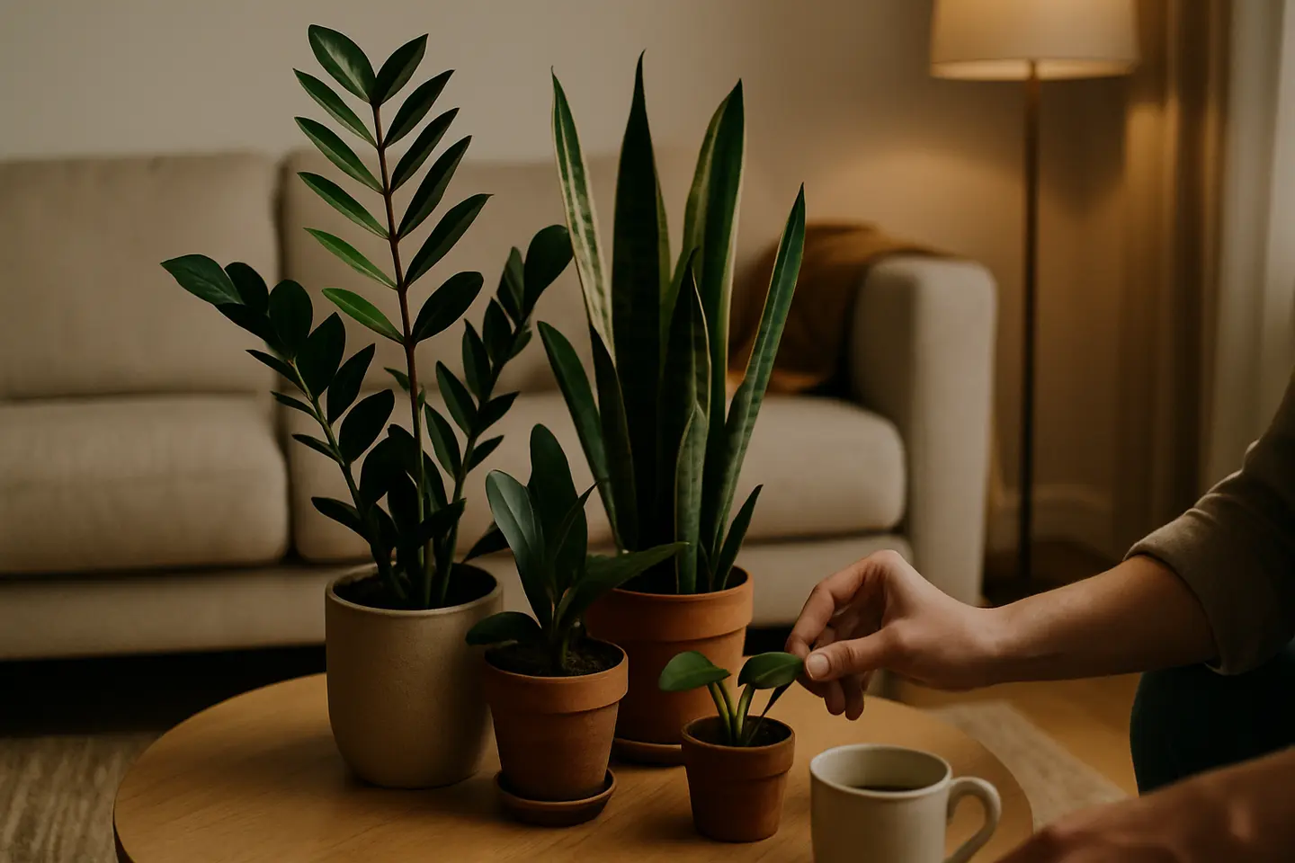 plantas baixa luminosidade sala estar Agrupamento de plantas de baixa luminosidade como Zamioculcas e Sansevieria sobre mesa baixa em sala de estar contemporânea