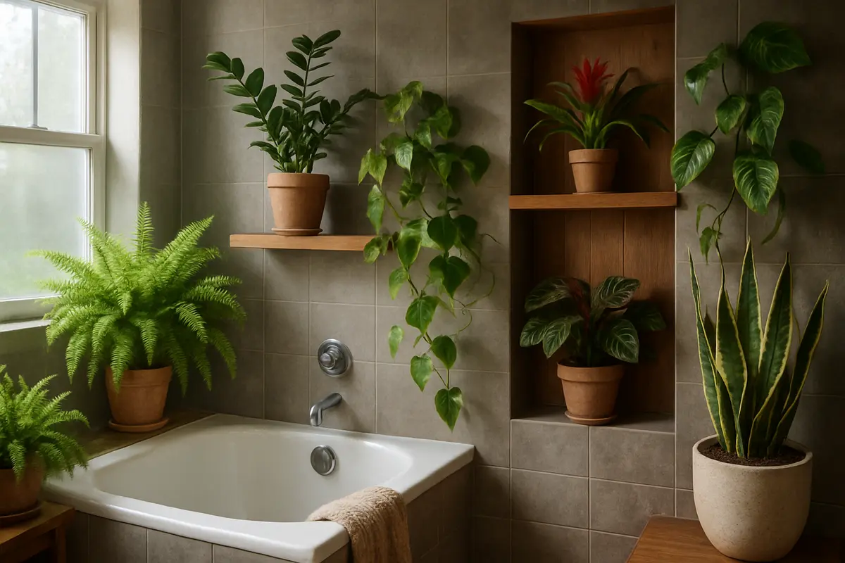 plantas banheiro umido variedades decoracao Banheiro úmido com samambaia, zamioculca, espada de são jorge, pothos, bromélias e marantas em vasos cerâmicos sobre prateleiras de madeira