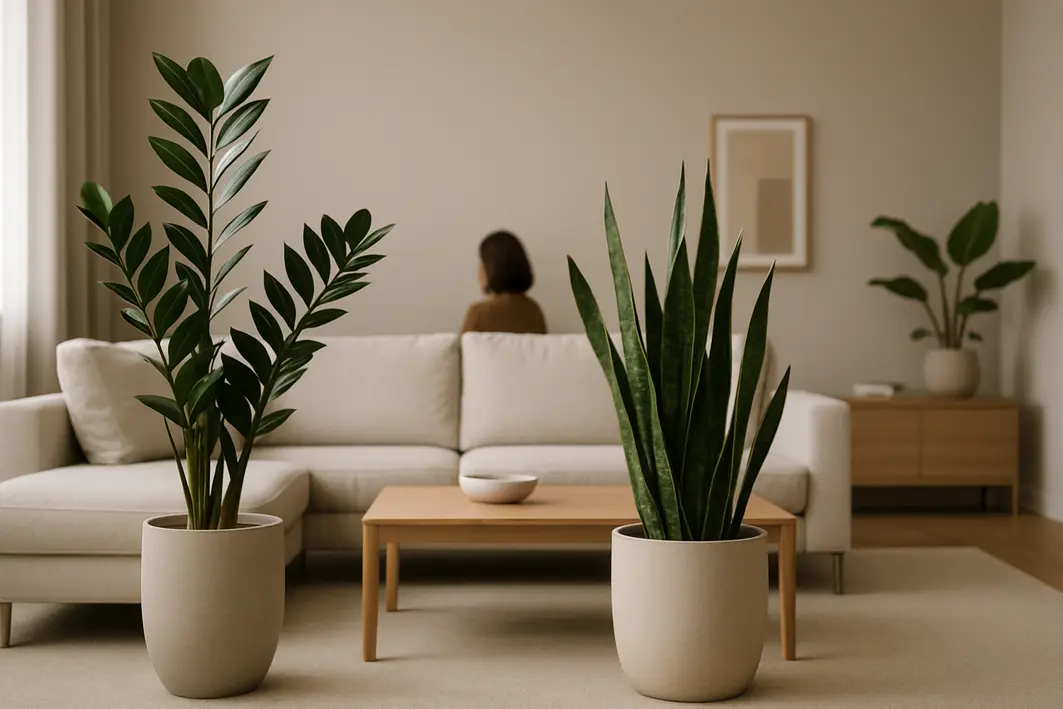 Sala de estar contemporânea ampla com plantas zamioculcas e sansevierias em vasos de cerâmica fosca minimalista