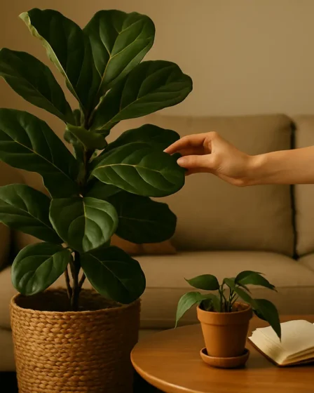 plantas elegantes sala estar moderna Canto de sala de estar moderna com planta alta em cesto de fibras naturais, vaso pequeno com planta pendente sobre mesa de centro, e antebraço feminino tocando folha