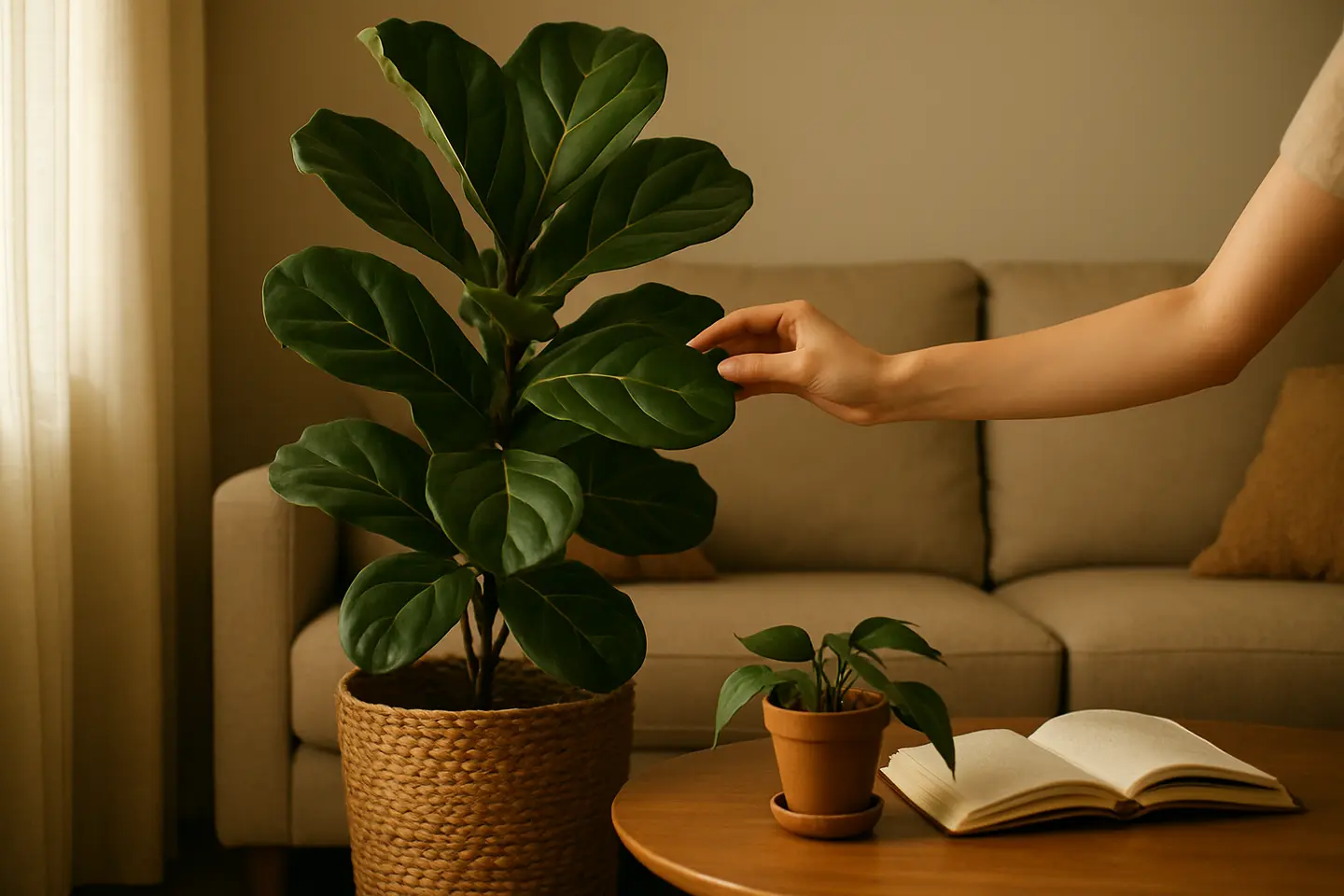 plantas elegantes sala estar moderna Canto de sala de estar moderna com planta alta em cesto de fibras naturais, vaso pequeno com planta pendente sobre mesa de centro, e antebraço feminino tocando folha