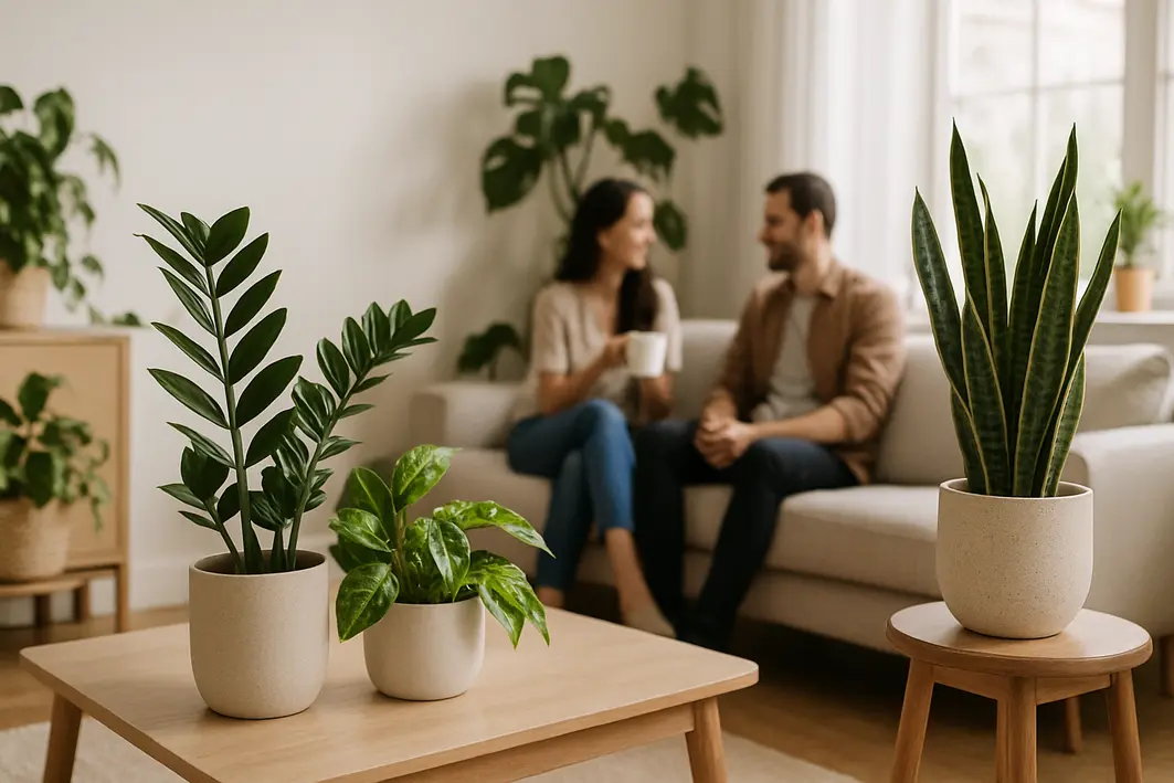 Sala de estar moderna com plantas facies de cuidar como zamioculca, jiboia e espada de sao jorge em vasos variados