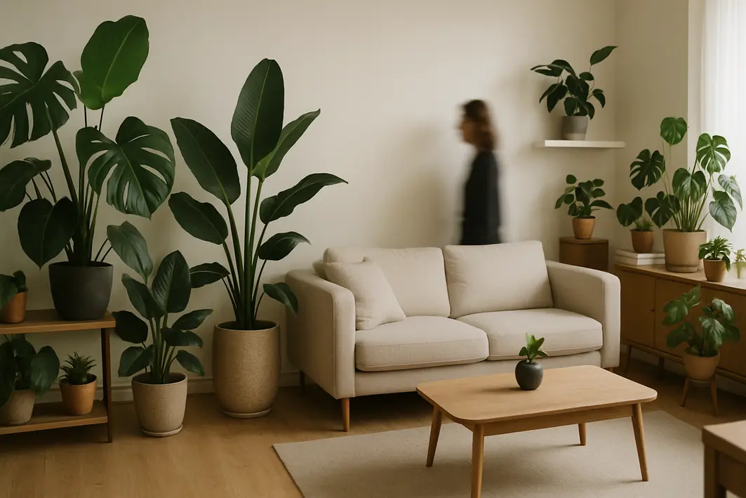 Sala de estar organizada com várias plantas de folhas grandes em vasos distribuídos em prateleiras, mesas e cantos sombreados sob luz natural indireta