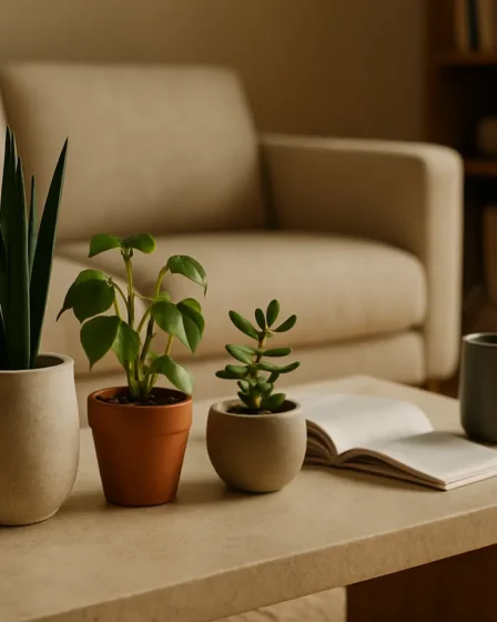 plantas para sala de estar modernas Conjunto de plantas pequenas em vasos minimalistas sobre mesa de centro em sala de estar moderna