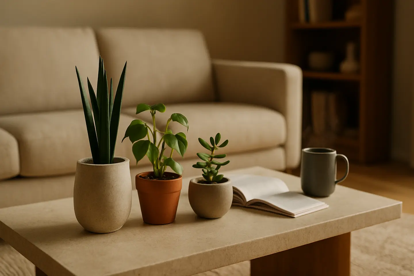 plantas para sala de estar modernas Conjunto de plantas pequenas em vasos minimalistas sobre mesa de centro em sala de estar moderna