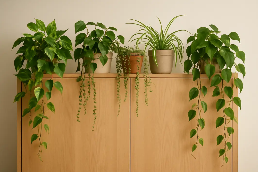 Mãos femininas ajustando planta pendente com folhas verdes no alto de armário de madeira clara