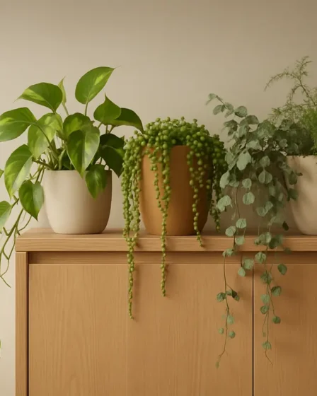 plantas pendentes alto armario 2 Topo de armario alto em carvalho claro com varias plantas pendentes em vasos de ceramica e terracota em ambiente moderno