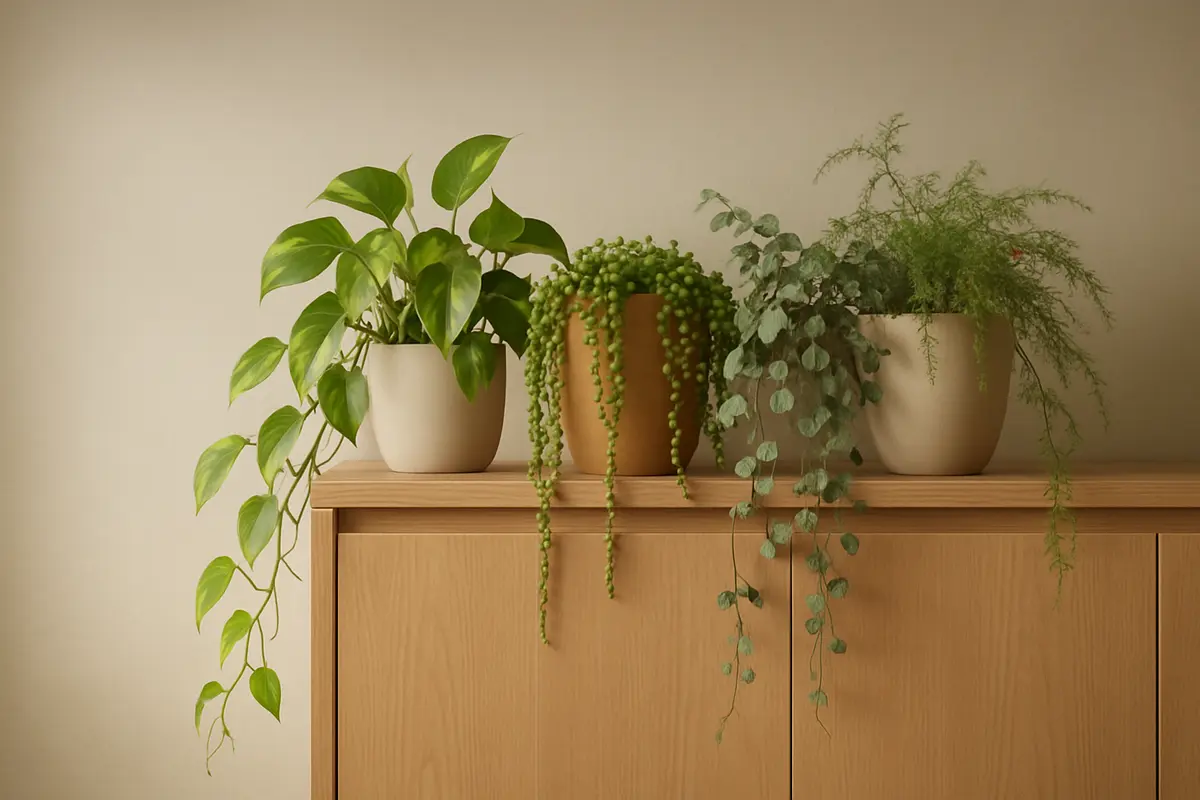 plantas pendentes alto armario 2 Topo de armario alto em carvalho claro com varias plantas pendentes em vasos de ceramica e terracota em ambiente moderno