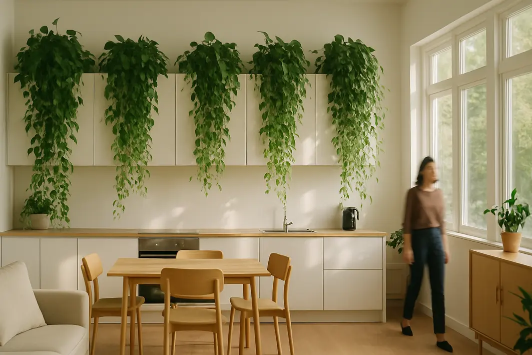 Sala de estar iluminada com armarios altos decorados por varias plantas pendentes exuberantes no topo criando efeito cascata